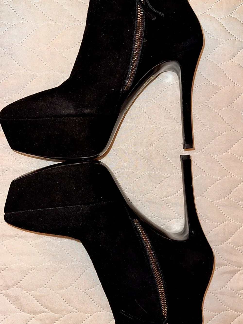 Miu Miu Black Suede Platform Ankle Booties with Gold Zip